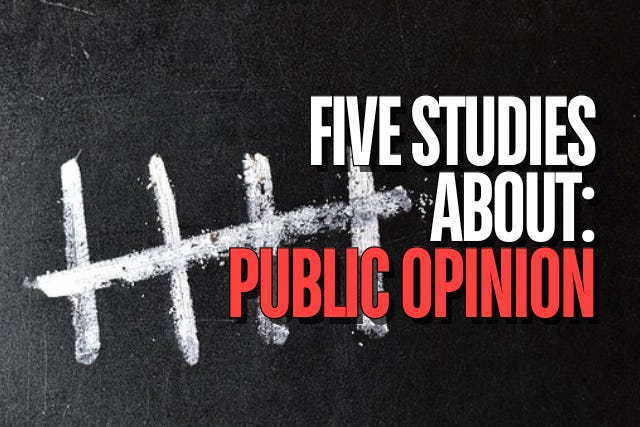 "Five Studies About: Public Opinion" appears in the foreground. The background is a blackboard with five thick tally marks written in chalk.