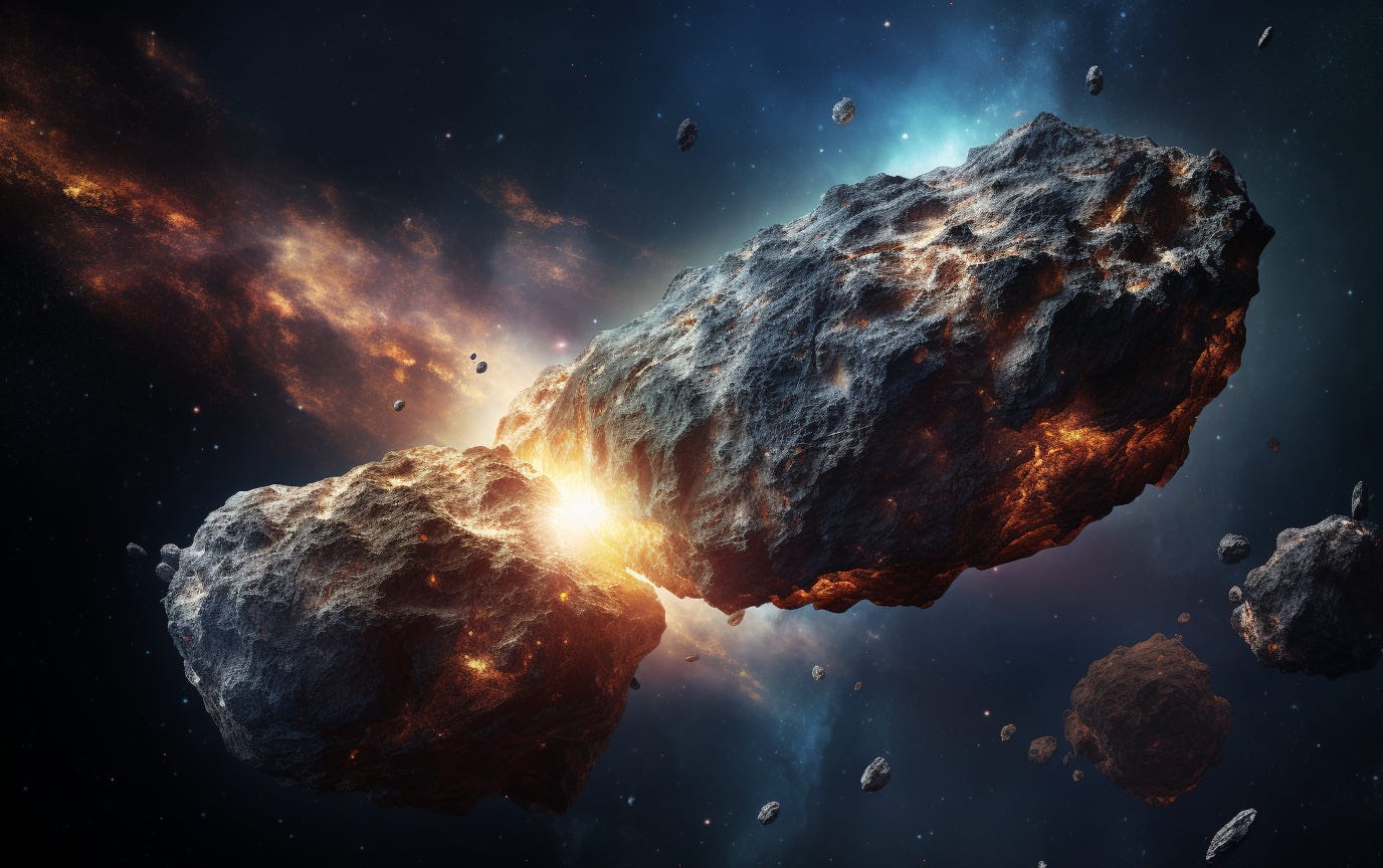 An asteroid breaking open with an explosion