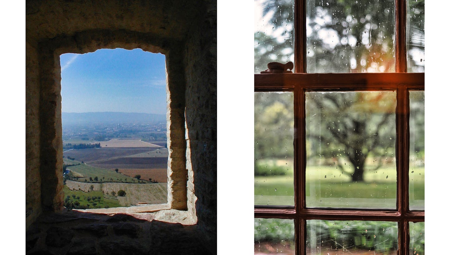 two photographs: on the left is a photo taken from a window overlooking the Italian countryside against a blue sky; on the right, a photo taken from inside a house looking out at the grass and a large spreading oak tree