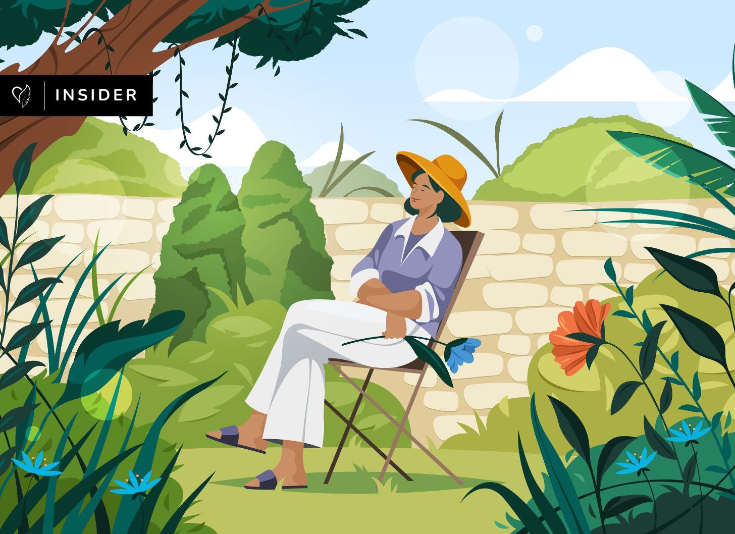 Illustration of a woman relaxing in a lush garden, seated on a chair with a flower in hand, wearing a wide-brimmed hat and soft summer clothes. The scene evokes calm, slow living, and a peaceful seasonal reset.