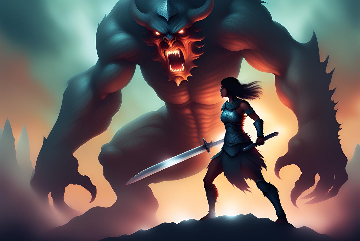 Illustration of a woman warrior with a sword facing an angry monster