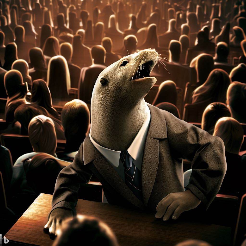 a sealion losing a political debate before a large crowd in a business suit