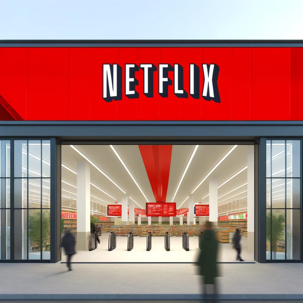 An illustration of a large supermarket storefront, styled like a grand retail outlet, prominently featuring the Netflix brand. The facade of the store is modern and sleek, with large glass windows and a massive red sign displaying the Netflix logo. The entrance is welcoming, with automatic sliding doors and neon lights that add a contemporary touch. Shoppers can be seen entering and exiting, hinting at the popularity of the store. This concept blends the familiar supermarket design with the distinctive elements of the Netflix brand, creating a unique visual fusion.