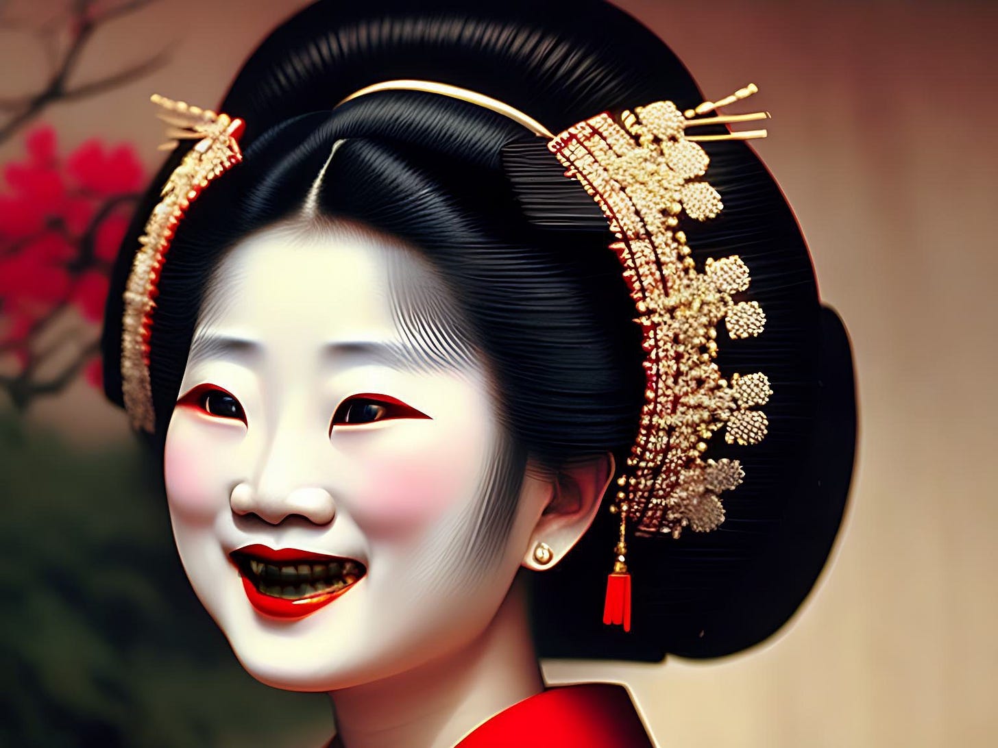 A Geisha smiling with black teeth.