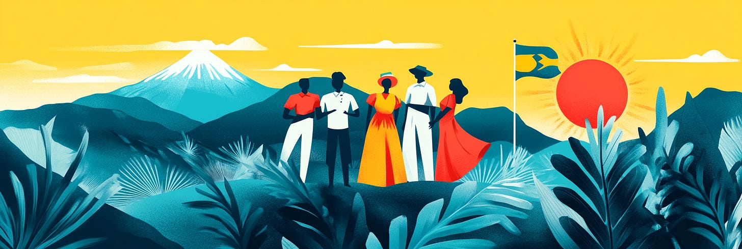 Vibrant illustration of five diverse figures standing together in a lush, tropical landscape with mountains and a sunlit sky in the background. A prominent sun and flag add a celebratory feel, symbolizing unity and community against a backdrop of blue and green foliage, with a distant snow-capped peak under a bright yellow sky.