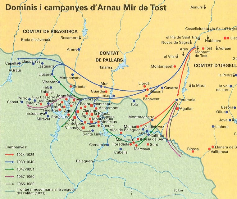 Dominis i Campanyes d'Arnau Mir de Tost durant el segle XI. Font: Enciclopèdia Catalana.