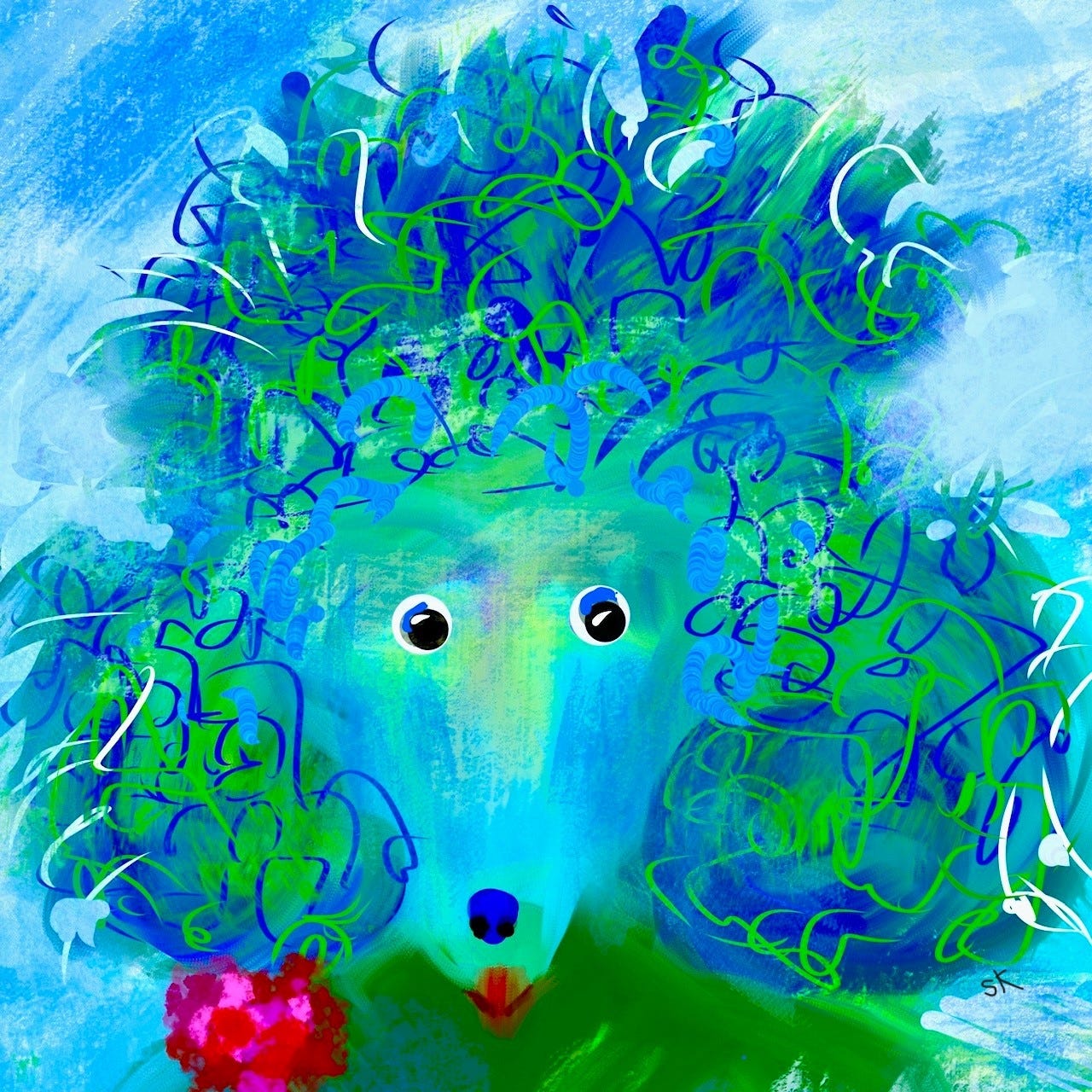 Whimsical painting by Sherry Killam Arts of a blue poodle dog with electrified curly hair and an anxious expression on its face.