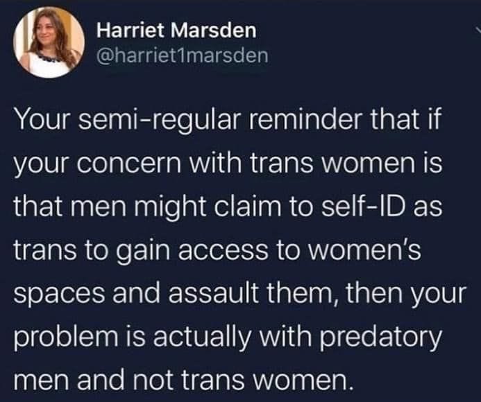 Social media post that says "Your semi-regular reminder that if your concern with trans women is that men may claim to self-ID as trans women to access woman's spaces and assault them, then your problem is actually with predatory men and not trans women"