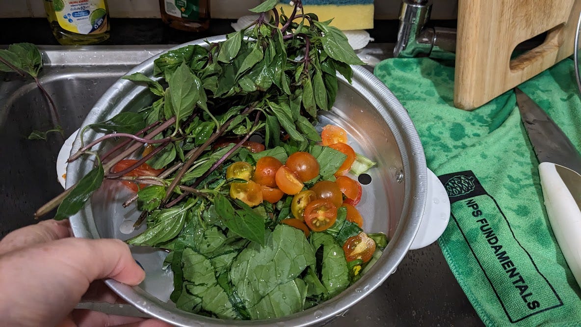 prepped herbs and greens and tomatoes in a rice cooker colander