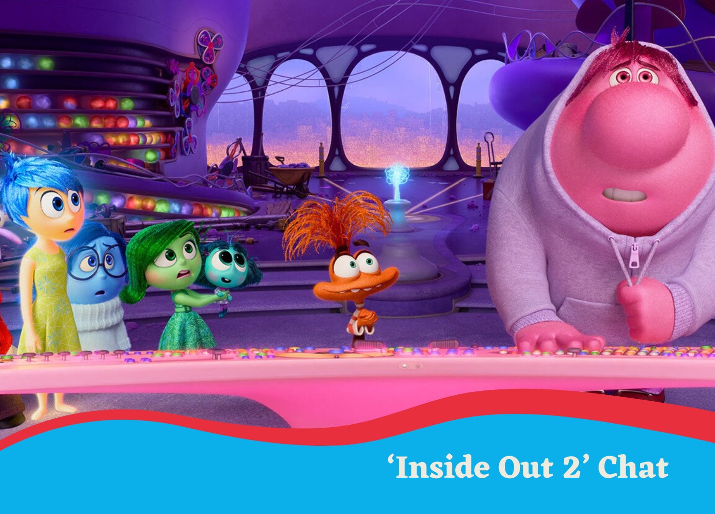 Scene from Inside Out 2 showing Joy, Sadness, Envy, Disgust, Anxiety and Embarassment standing at the console of Riley's brain