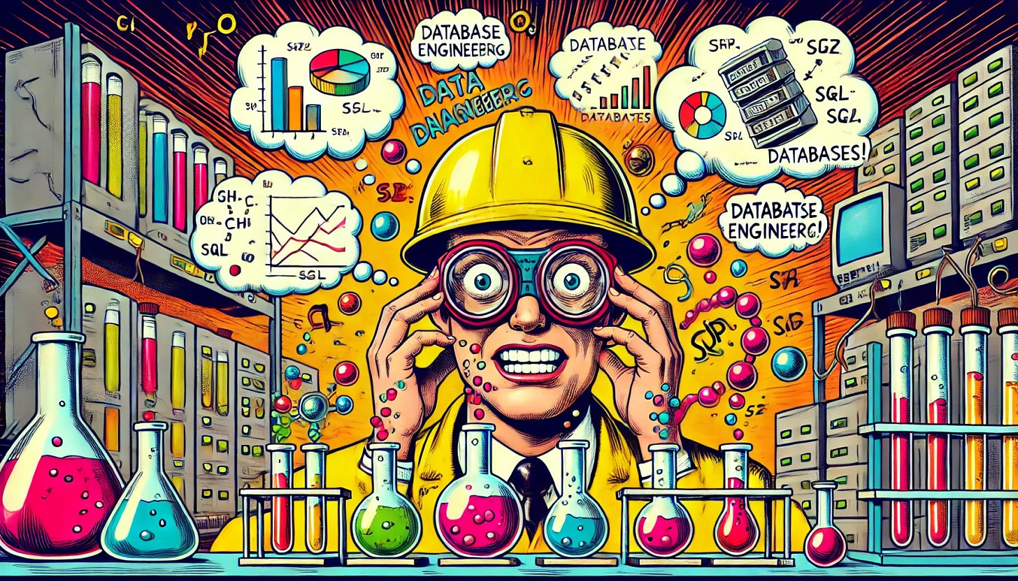 A whimsical comic book-style scene of a crazy data engineering scientist in a retro comic art style. He wears a bright yellow safety helmet, has wild eyes and exaggerated expressions. He's conducting chaotic chemical experiments with colorful bubbling flasks and lab equipment, while thinking intensely about databases. Thought bubbles above his head show database symbols, charts, and snippets of SQL code. The lab background includes glowing tubes, computer servers, and cluttered shelves. The artwork uses bold black outlines and flat vibrant colors, with a dynamic composition ideal for a blog header image. No text or logos are included.