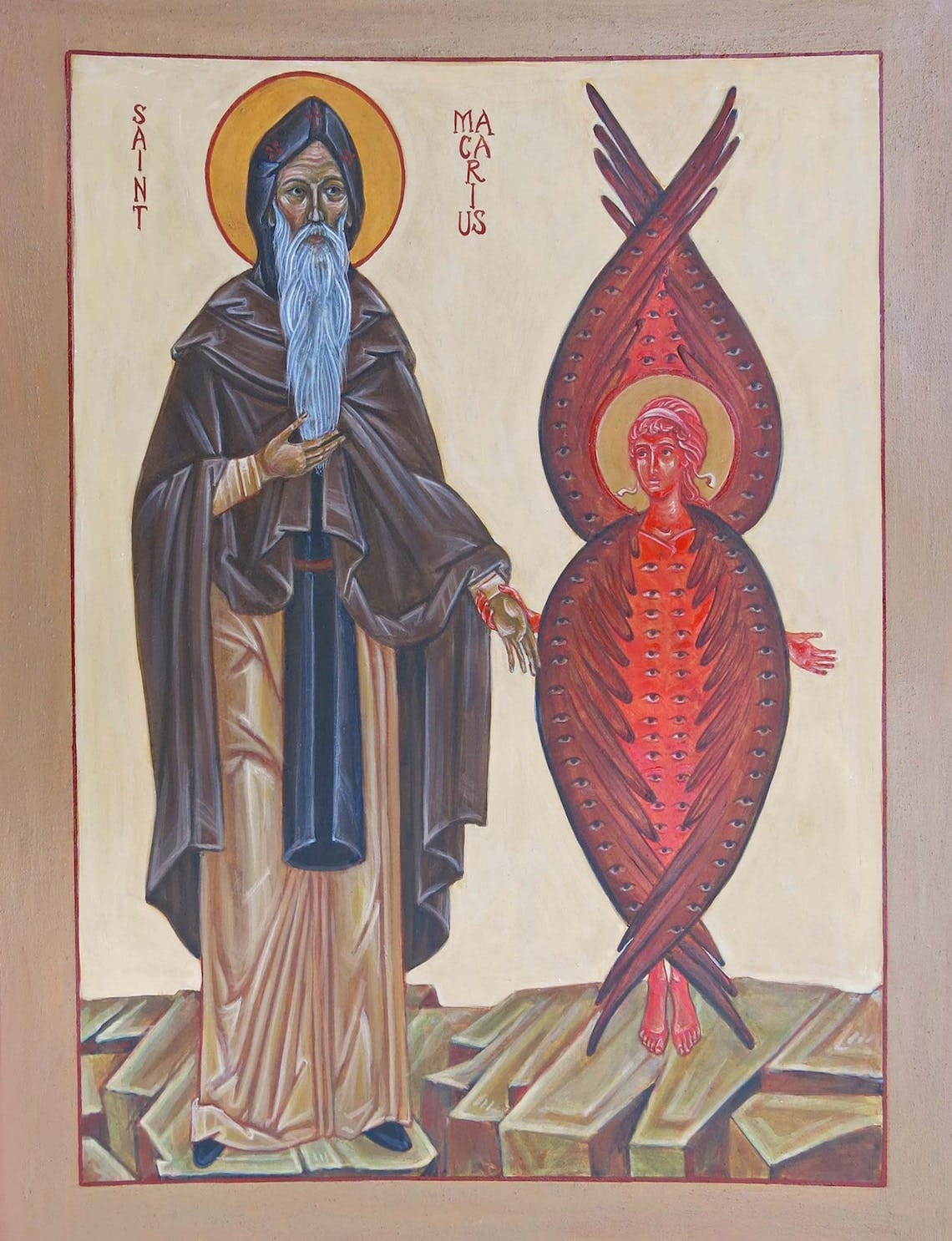 Handmade Mounted Icon St. Macarius the Great of Egypt and the Cherubim. image 1