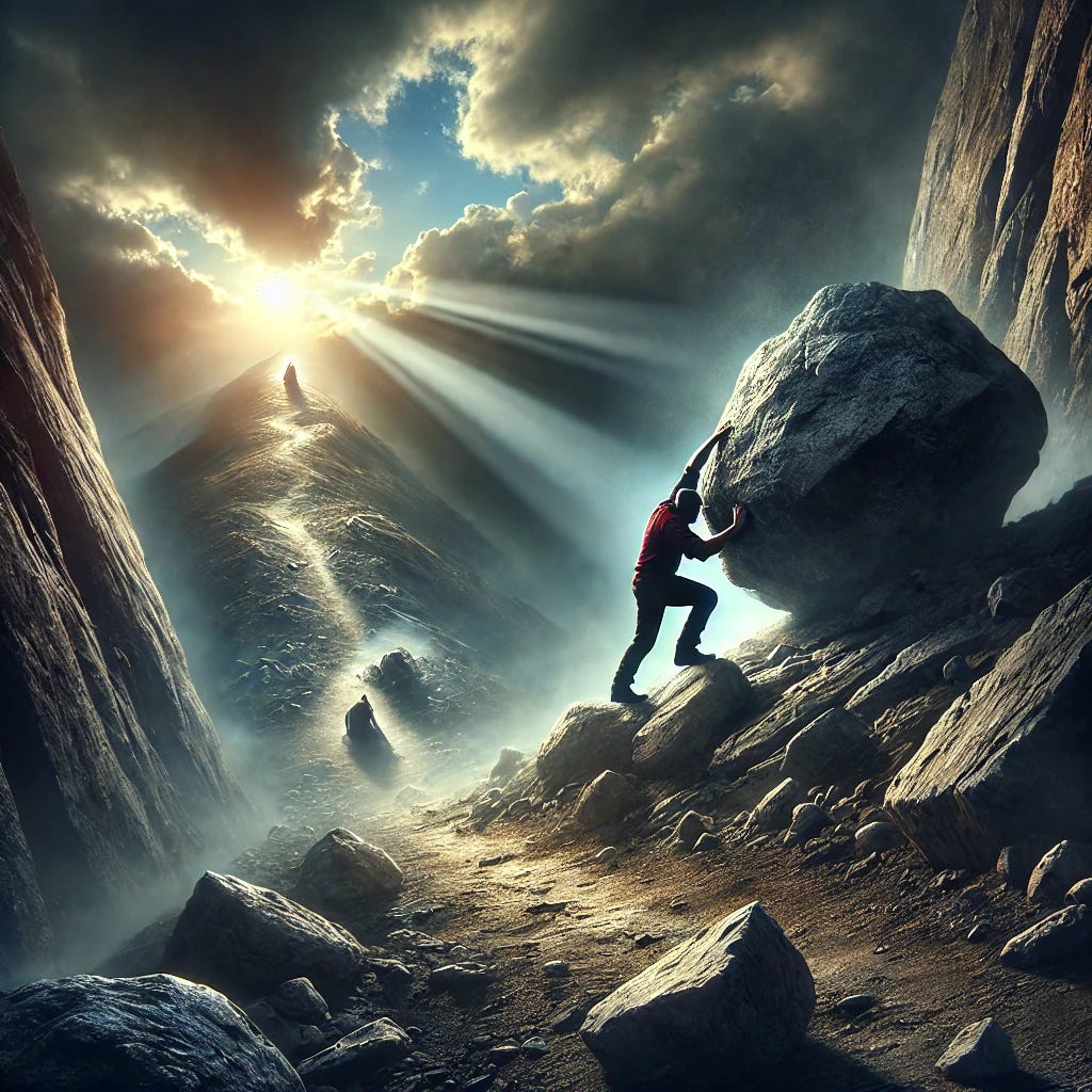 An image symbolizing 'pushing through resistance to success.' The scene shows a lone figure climbing a steep, rocky hill, with large boulders and obstacles in the way. The figure is pushing against a heavy boulder, straining but determined. The sky above is cloudy, with a beam of sunlight breaking through, illuminating the path ahead. In the distance, there is a shining peak symbolizing success. The color palette is dramatic with dark shadows and bright highlights, representing the struggle and hope. The overall mood is one of perseverance and triumph over adversity.