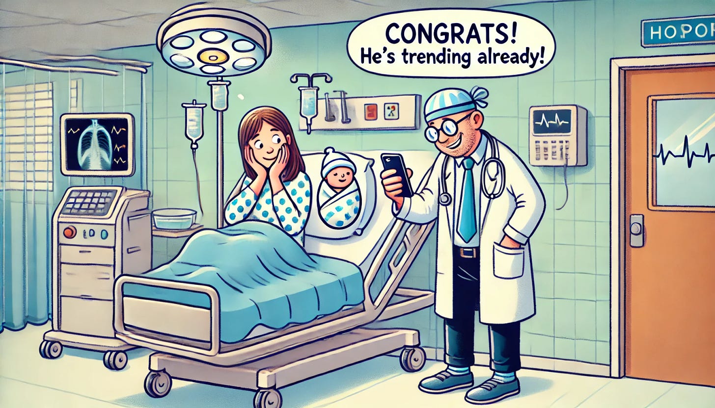 Cartoon illustration: A doctor standing beside a hospital bed, handing a newborn baby to a smiling mother. The doctor is looking down at a smartphone in one hand with a surprised expression, saying: “Congrats! He's trending already!” The room has typical hospital details—medical equipment, a heart monitor beeping softly in the background, and a sterile, white environment. The mother is seated in bed, looking happy but a bit bewildered by the doctor’s comment. The baby is wrapped in a small blanket, and the scene is lighthearted with a touch of absurdity.