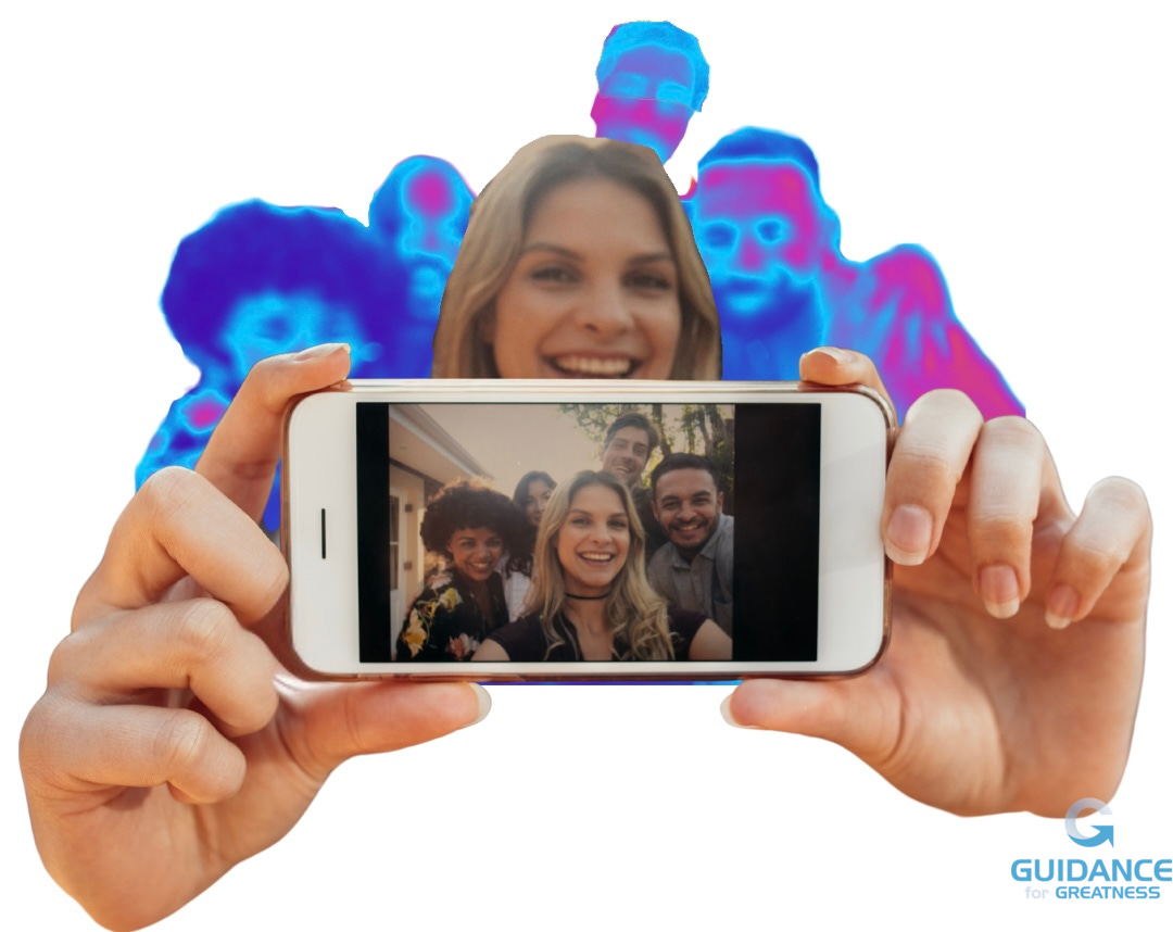 Two hands holding a smartphone and taking a selfie of five people. The image on the phone shows all five people clearly, with the woman taking the picture most prominent. Behind the camera, we can see the woman clearly, but the other four are blurry and distorted and colored like a heat print. There is no background.