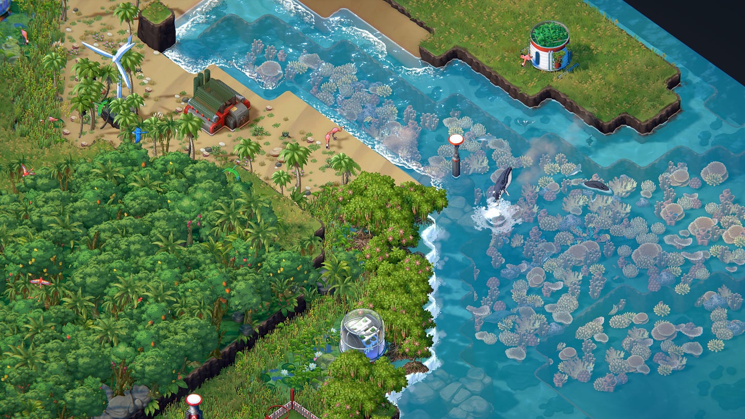 A lush tropical island with some futuristic buildings