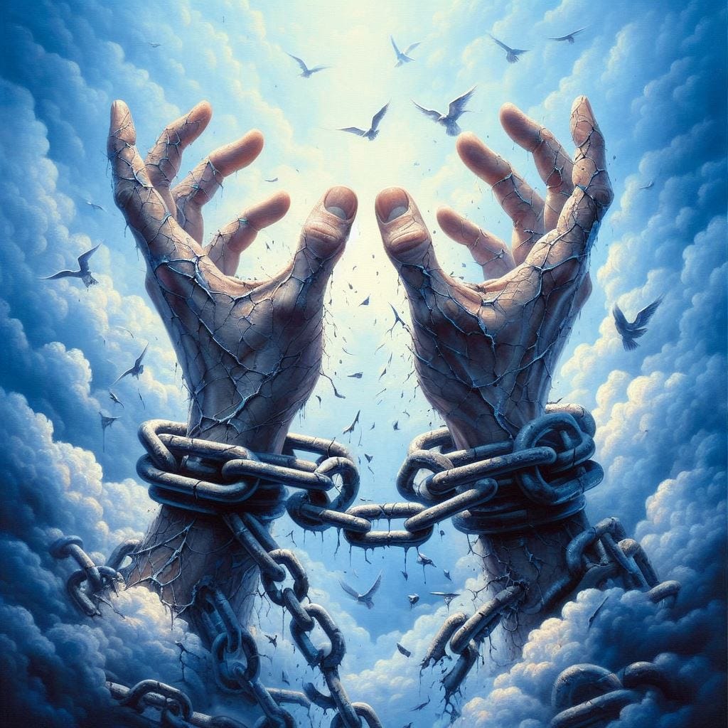 un tableau d'art sur lequel on voit deux mains enchaînes dont les chaînes ont été brisés