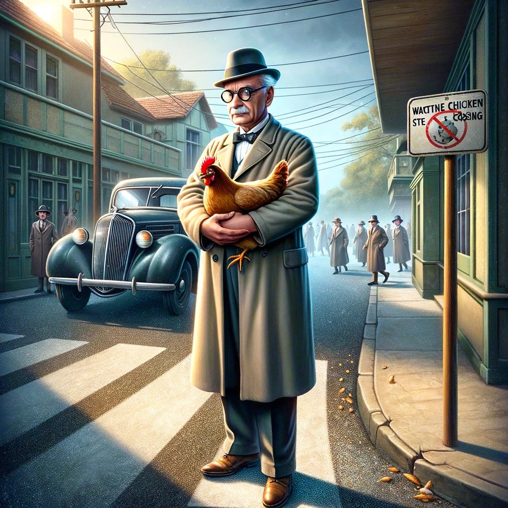 A scientific and humorous illustration inspired by Werner Heisenberg's uncertainty principle in quantum mechanics. The scene depicts Heisenberg in 1930s attire, holding a chicken securely under one arm to emphasize his theory: by making sure the chicken stays by his side, he cannot observe it crossing the road. The setting combines elements of a 1930s environment with a hint of modern quantum concepts, creatively visualizing the paradox that watching the chicken closely prevents it from crossing. The illustration playfully explores the intersection of observation and quantum phenomena.