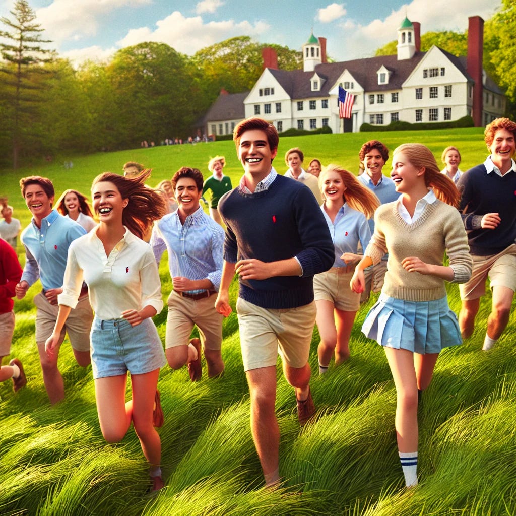 Happy preppy high-school-aged students running through a beautiful meadow at the Loomis Chaffee School, wearing classic preppy clothes like polo shirts, khakis, skirts, and sweaters. The scene is bright and cheerful, with the students laughing and playing, surrounded by lush green grass, trees, and a blue sky. The school's buildings are visible in the background, blending with the natural surroundings. Happy preppy high-school-aged students running through a beautiful meadow at the Loomis Chaffee School, wearing classic preppy clothes like polo shirts, khakis, skirts, and sweaters. The scene is bright and cheerful, with the students laughing and playing, surrounded by lush green grass, trees, and a blue sky. The school's buildings are visible in the background, blending with the natural surroundings.