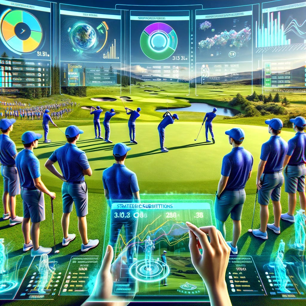 Imagine a futuristic golf tournament where teams are making strategic substitutions. The scene is set on a high-tech golf course, under a clear blue sky. In the foreground, a team captain is using a holographic display to make a substitution, swiping through profiles of players, each profile showing the player's statistics, strengths, and a 3D model of their swing. The display is filled with dynamic, colorful graphs and data visualizations, highlighting key performance metrics. Behind them, the lush green of the golf course stretches out, with other teams and players visible in the distance, some practicing their swings, others consulting their own holographic devices. The entire scene encapsulates the blend of traditional golfing excellence with cutting-edge technology, aiming to create an exciting, data-driven strategic element to the sport. The image is vibrant and full of life, capturing the essence of modern sportsmanship where data and strategy play crucial roles.