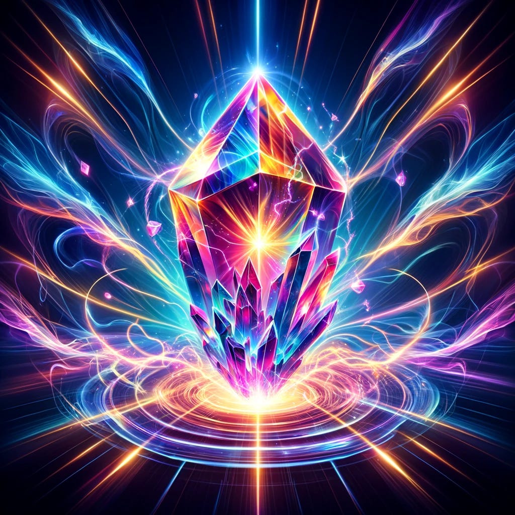Illustration of a vibrant, magical crystal radiating with intense magical energy. The crystal is at the center of the image, pulsating with a spectrum of brilliant colors that suggest a powerful magical aura. Energy arcs ripple outward from the crystal, illuminating the surrounding area with dynamic, ethereal light. The crystal’s surface is multifaceted, reflecting and refracting the magical light in a dazzling display.