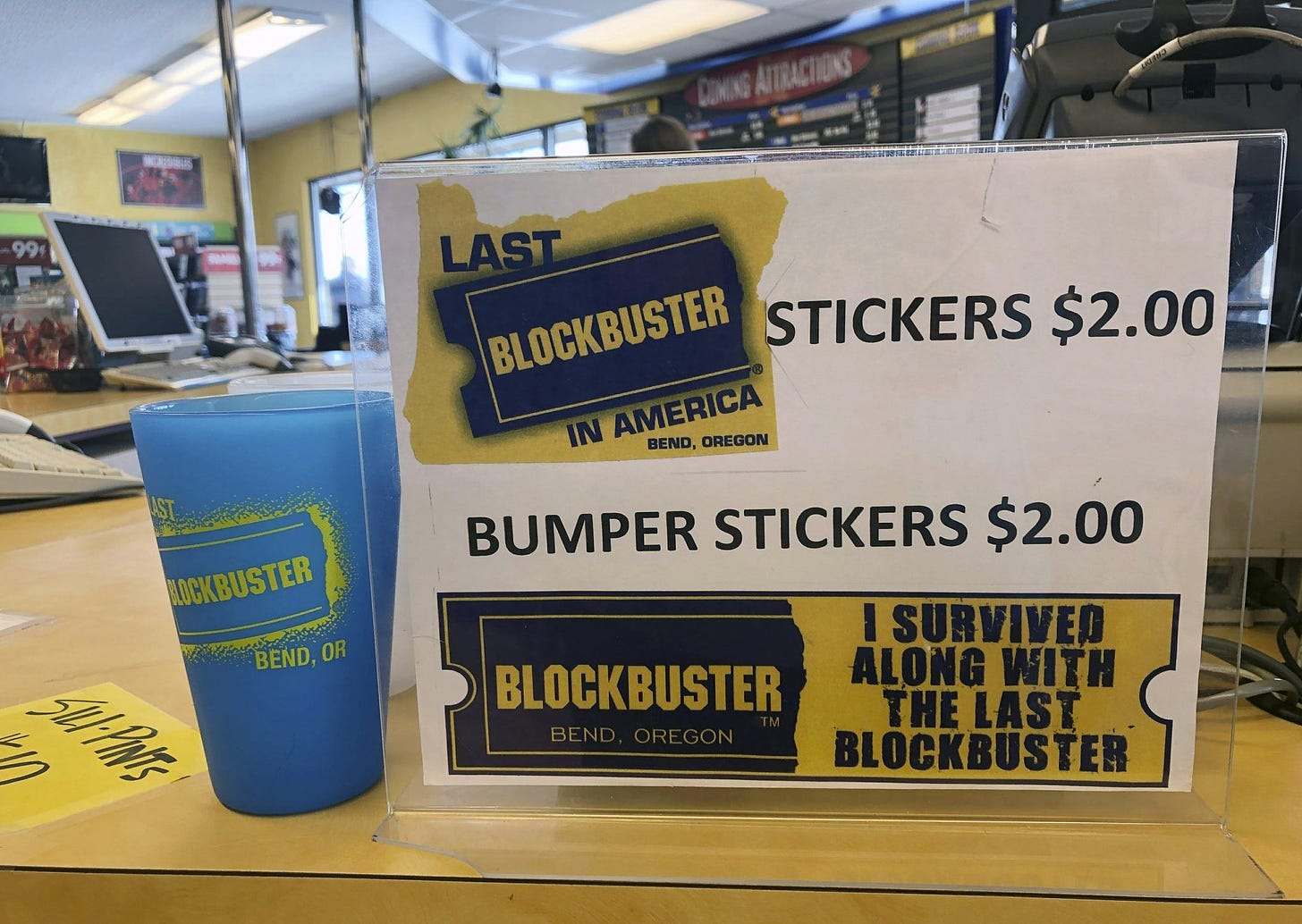 Bumper stickers for the Last Blockbuster on earth in Oregon.