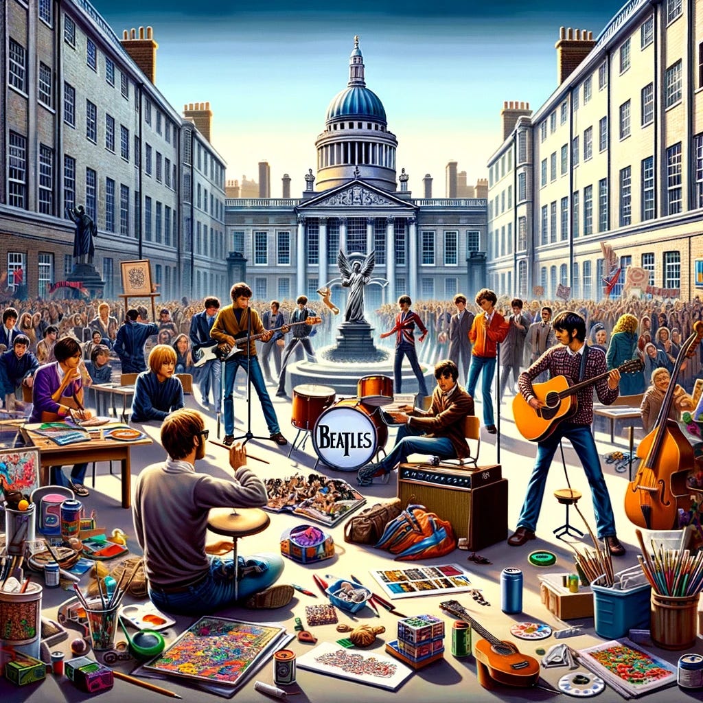 Create an image that captures the essence of a past era in the UK music scene, where musicians and bands like Blur, The Beatles, and Oasis benefitted from a supportive societal framework. The image should depict a vibrant art college campus atmosphere, with diverse groups of musicians and artists engaged in creative exploration. Include elements like art supplies, musical instruments, and a symbolic representation of social welfare benefits, such as a safety net or a symbolic 'dole' queue, to illustrate the economic security that enabled artists to develop their craft.