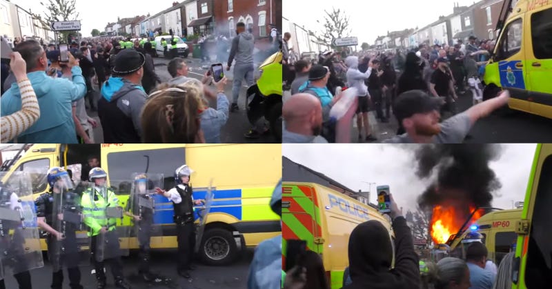 Four images of rioters and police, showing rioters throwing objects at a police van and a police van on fire