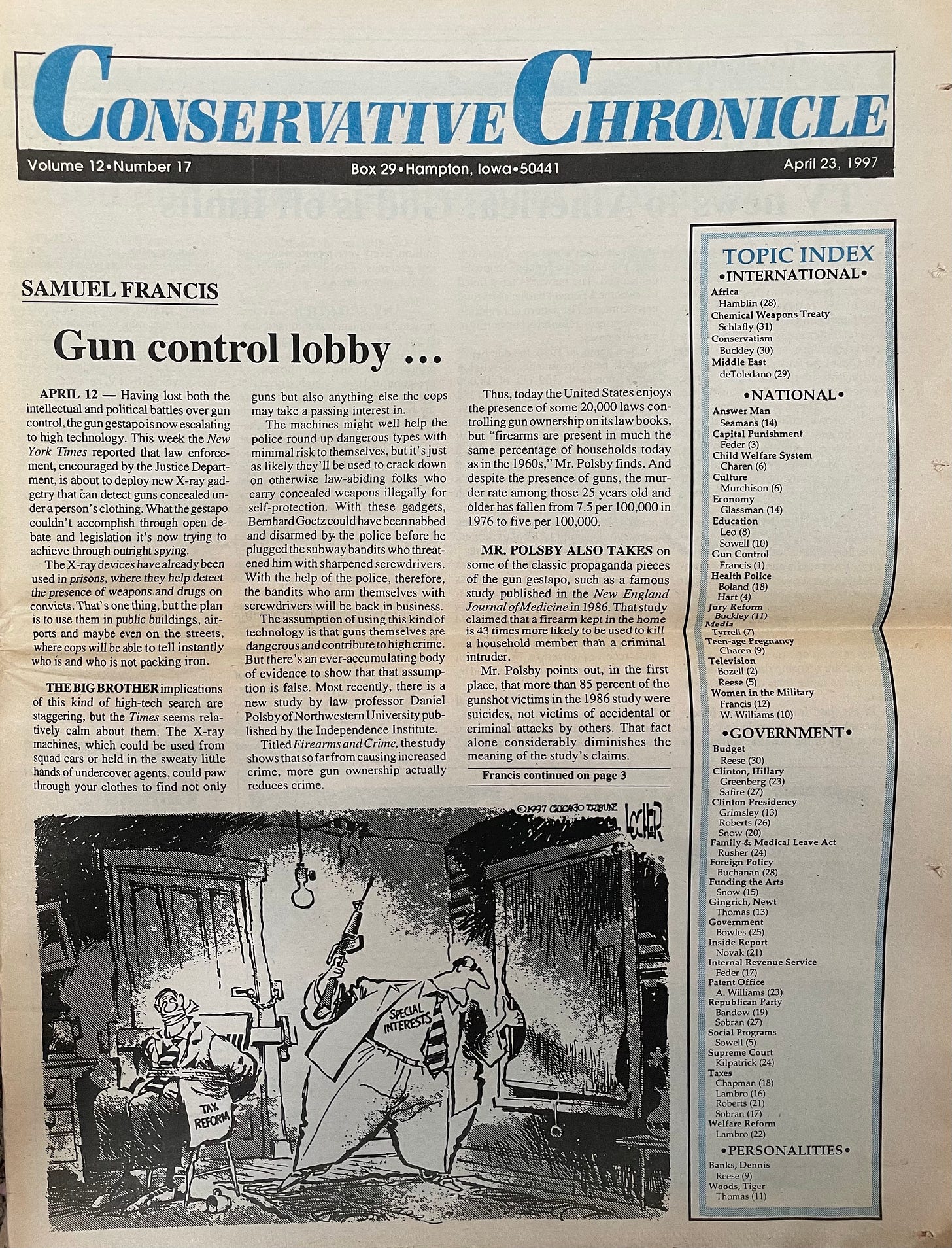 front page of the conservative chronicle newspaper from 1997 with the main headine being "Gun Control Lobby . . . "