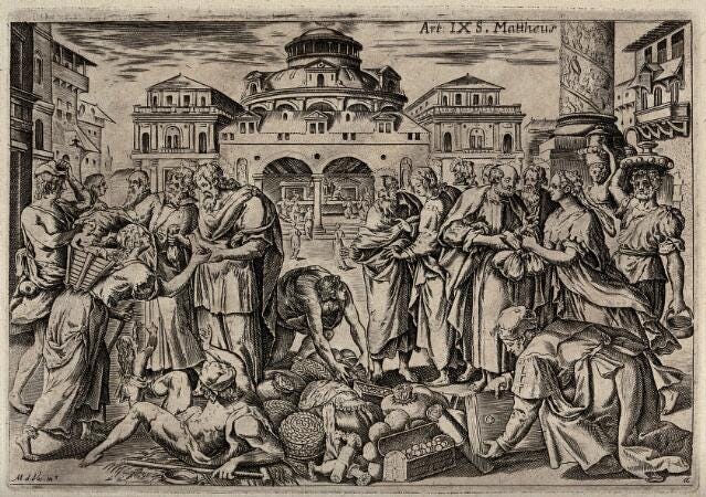 The early Christian community placing all property at the apostles' feet. Engraving by A. Caprioli after M. de Vos.