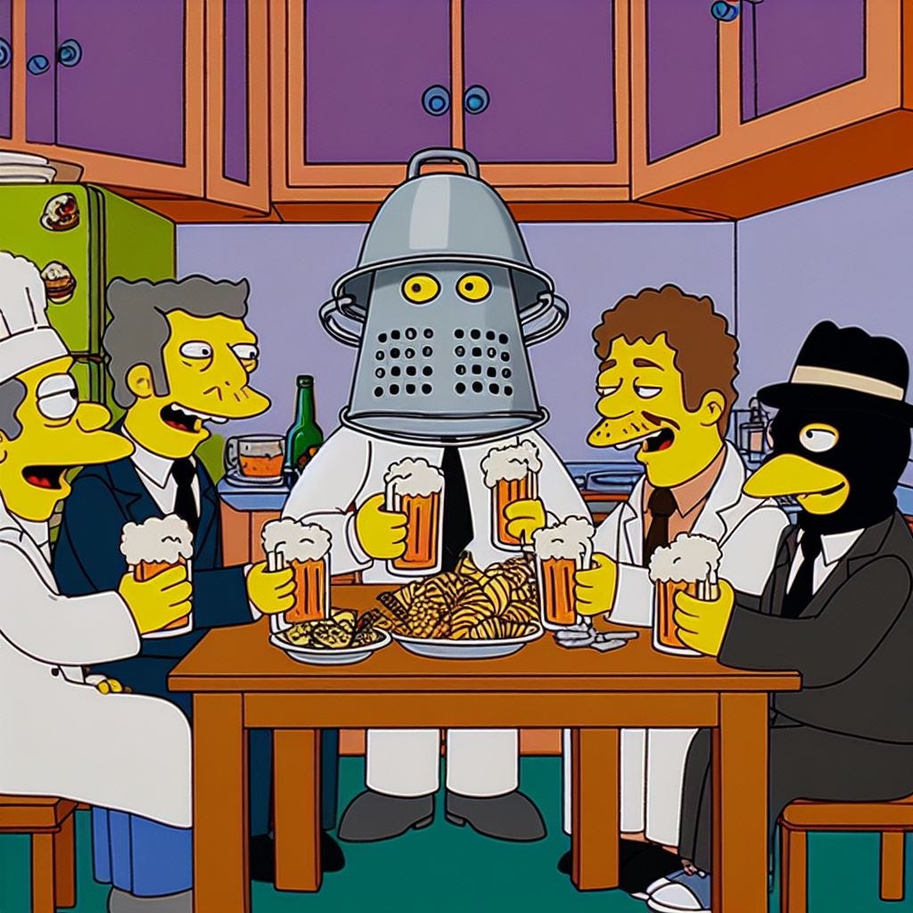 In the style of Simpsons a group of scientists drink beer with criminals in zoot suits at a kitchen table whilst one of them wears a helmet made from a colander attached to a vcr.