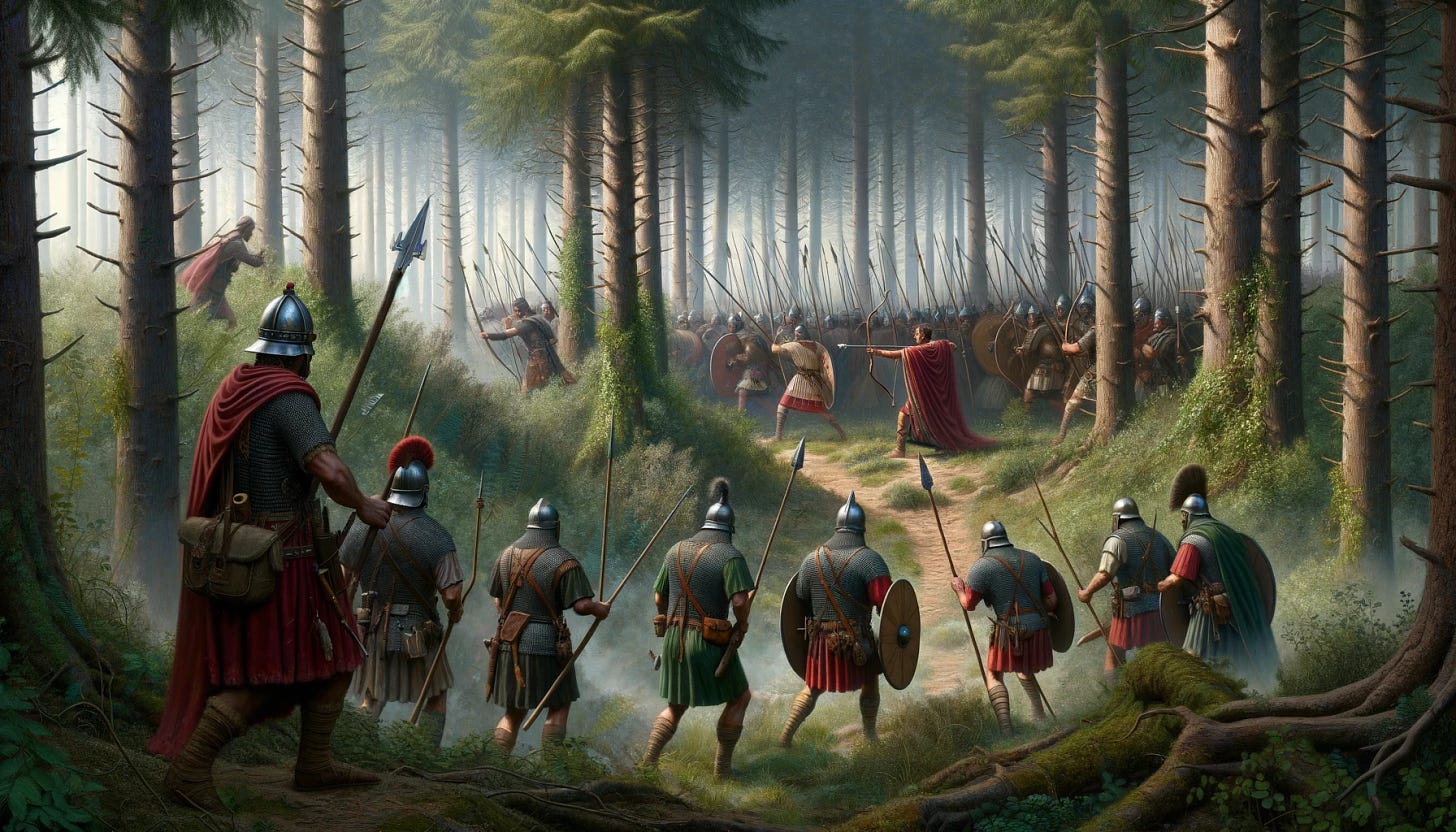 A landscape format concept art depicting an early medieval scene where Merovingian forces are ambushing late Western Roman scouts. The Merovingians, in their distinct Germanic warrior attire with spears and bows, are hidden among the trees and bushes, poised for the ambush. The Roman scouts, dressed in traditional Roman military gear including helmets and red cloaks, are unsuspectingly walking along a forest path. The scene is set in a dense, lush forest with a variety of trees and underbrush, creating an atmosphere of suspense and imminent conflict. The artwork captures the moment just before the ambush is sprung, with a focus on the strategic positioning of the Merovingian warriors and the unsuspecting Roman scouts.
