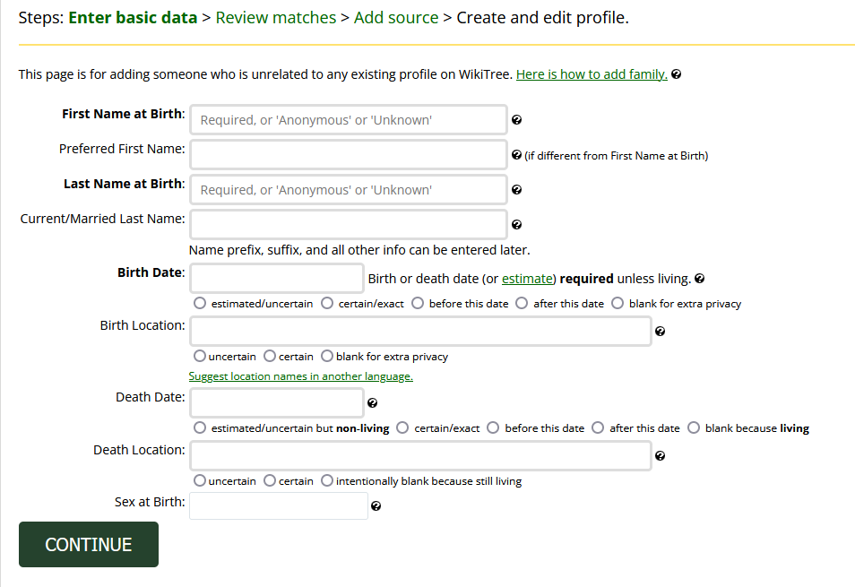 Screen capture of WikiTree's Basic data entry form