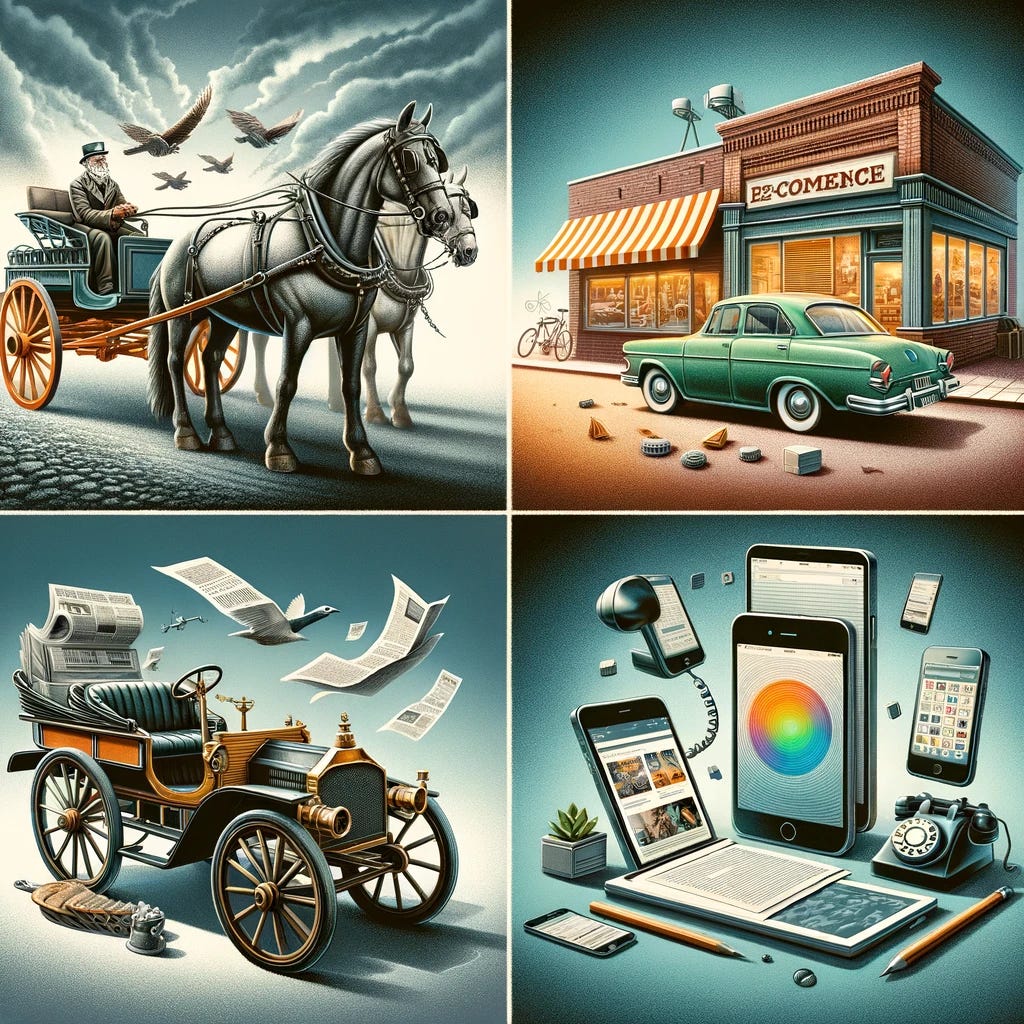 A series of four images depicting the concept of creative destruction in different industries. The first image shows a horse-drawn carriage being overshadowed by modern automobiles, symbolizing the transition in transportation. The second image depicts a traditional brick-and-mortar store fading into the background, with a dominant e-commerce website interface in the foreground, representing the shift in retail. The third image illustrates an old newspaper press being replaced by digital news on smartphones and computers, symbolizing the change in media consumption. The fourth image portrays a classic landline telephone being overtaken by a sleek, modern smartphone, indicating the evolution in communication technology.