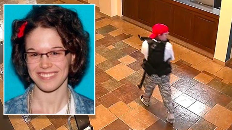 Covenant School shooter Audrey Hale, 28, is pictured in a driver's license photo and on school surveillance video released by Nashville police. Metro Nashville Police Department