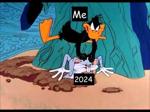 Daffy Duck with a caption that says "me" stuffing Bugs Bunny with a caption that says "2024" back into his hole