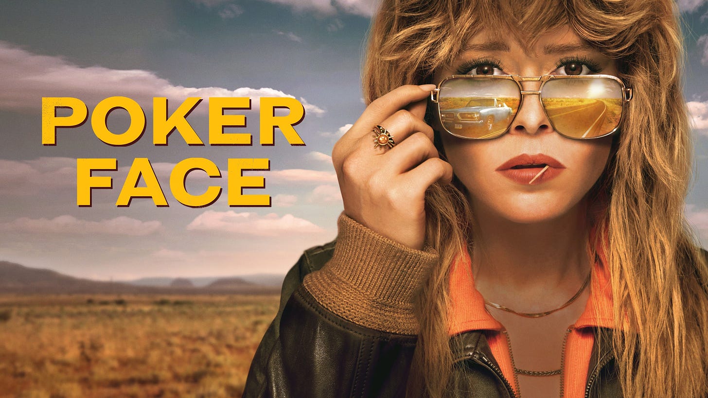Natasha Lyonne chews a toothpick and peers over her shades in the publicity shot for Poker Face