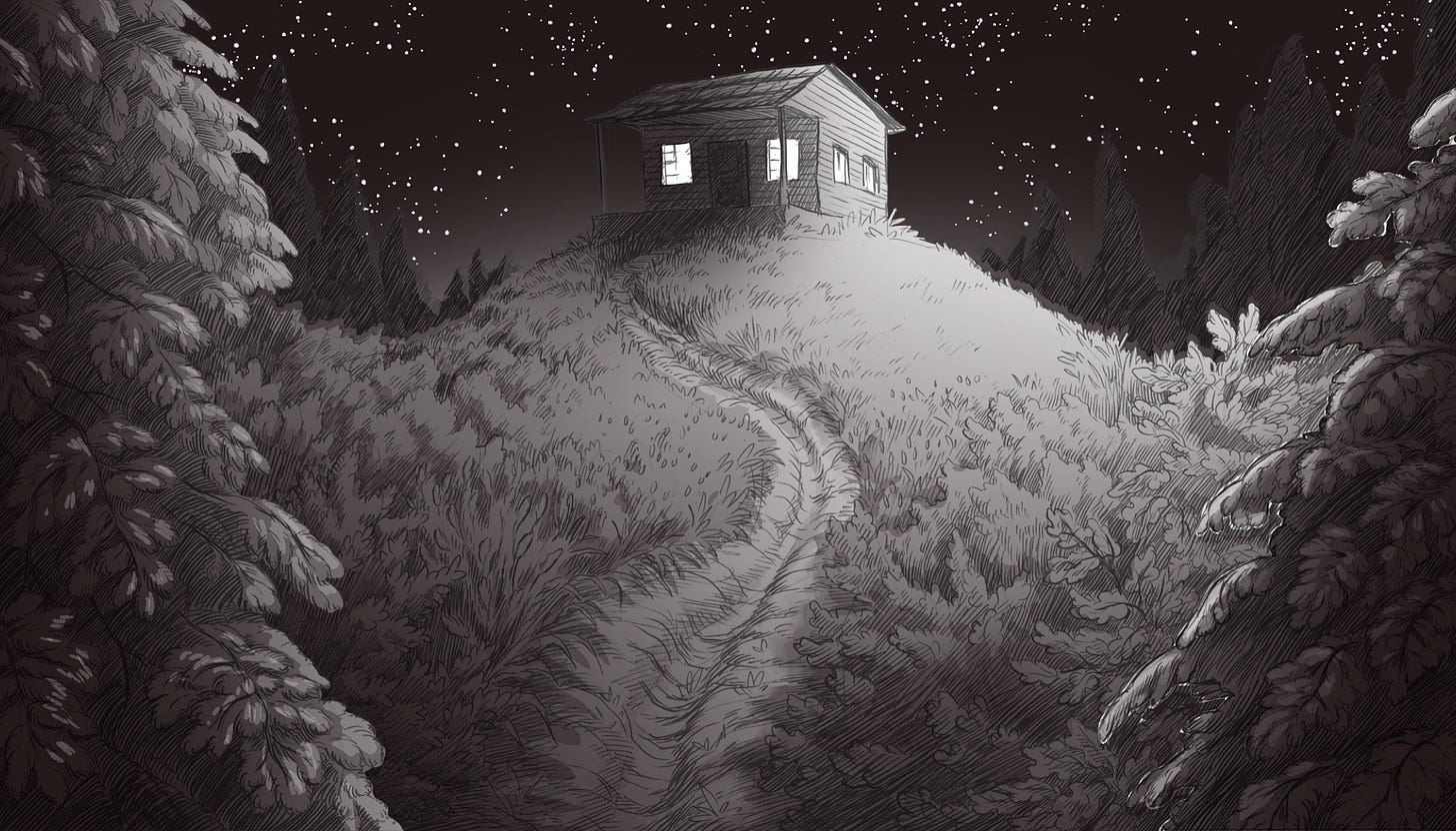 A cabin on a hill in the woods, beneath a star-lit sky.