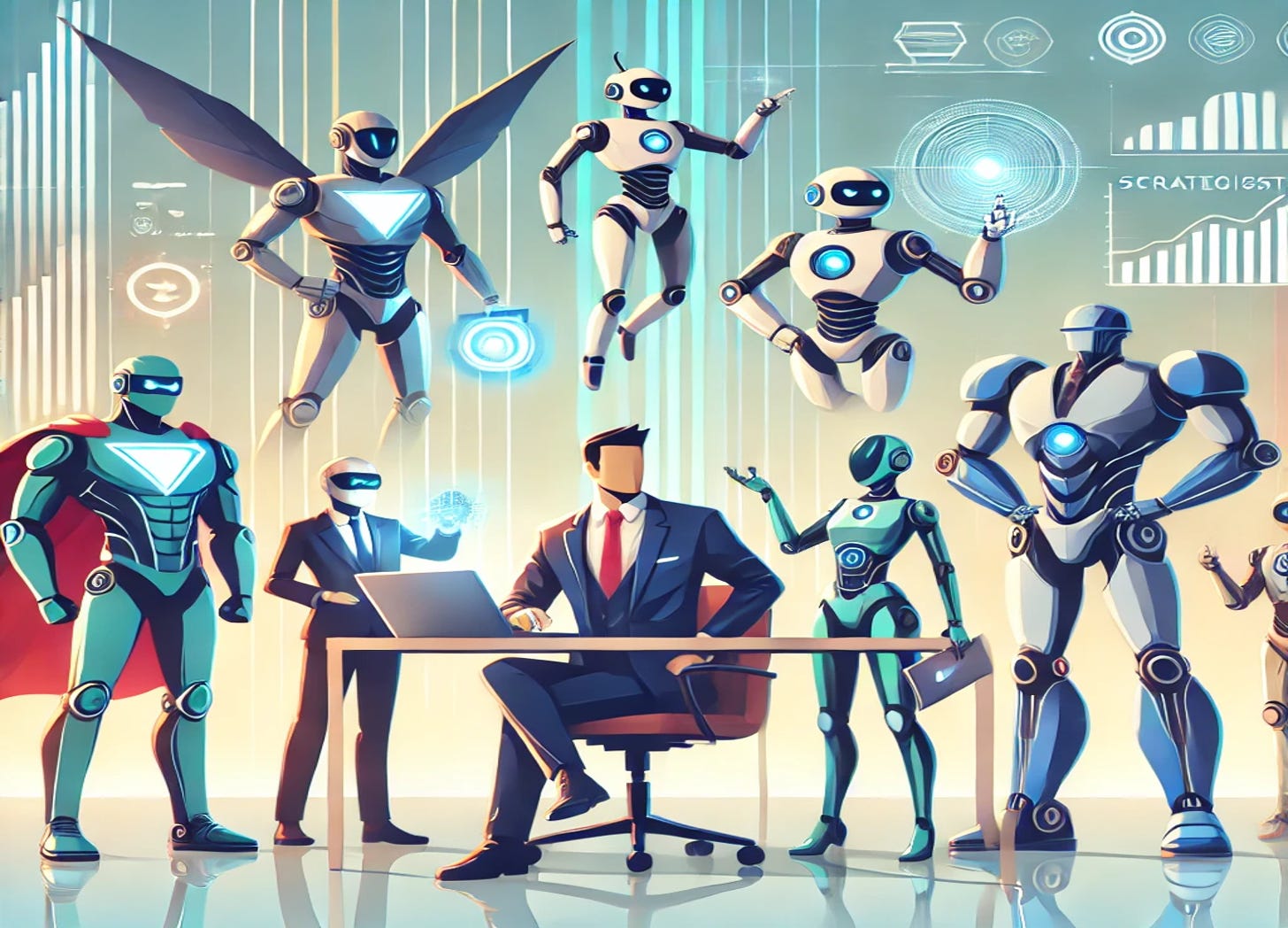  "Illustration of a lawyer in a sharp business suit seated at a desk with a laptop, working alongside seven distinct, superhero-like robots. Each robot has a unique personality and role: one holds a glowing clipboard, another points to a holographic chart, and others organize papers, provide tools, offer protection, and gesture supportively. The setting is a bright, minimalist office space with futuristic elements, emphasizing collaboration, innovation, and efficiency between technology and human expertise.