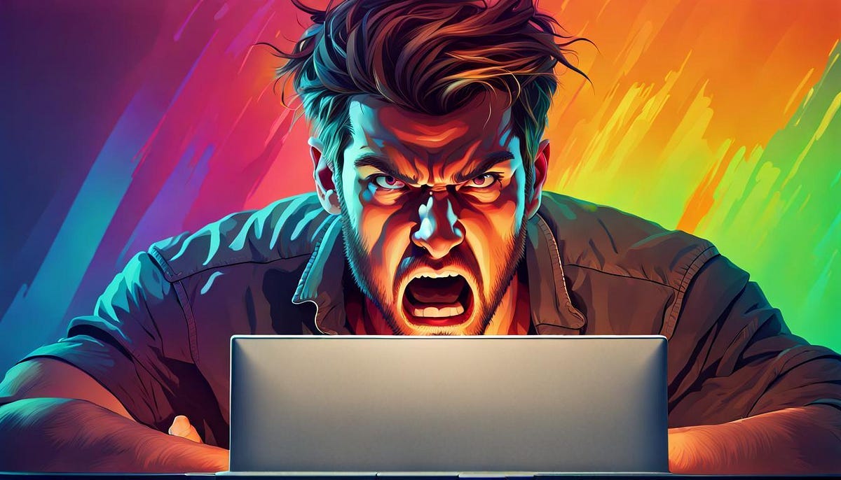 Angry man staring at blank computer screen Hyperrealistic