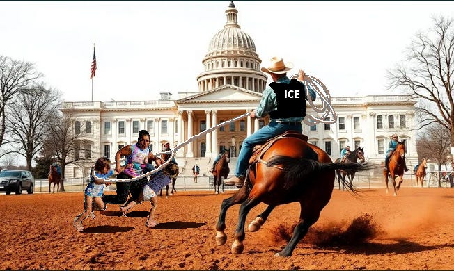 ICE member on horseback, laso's a migrant family.