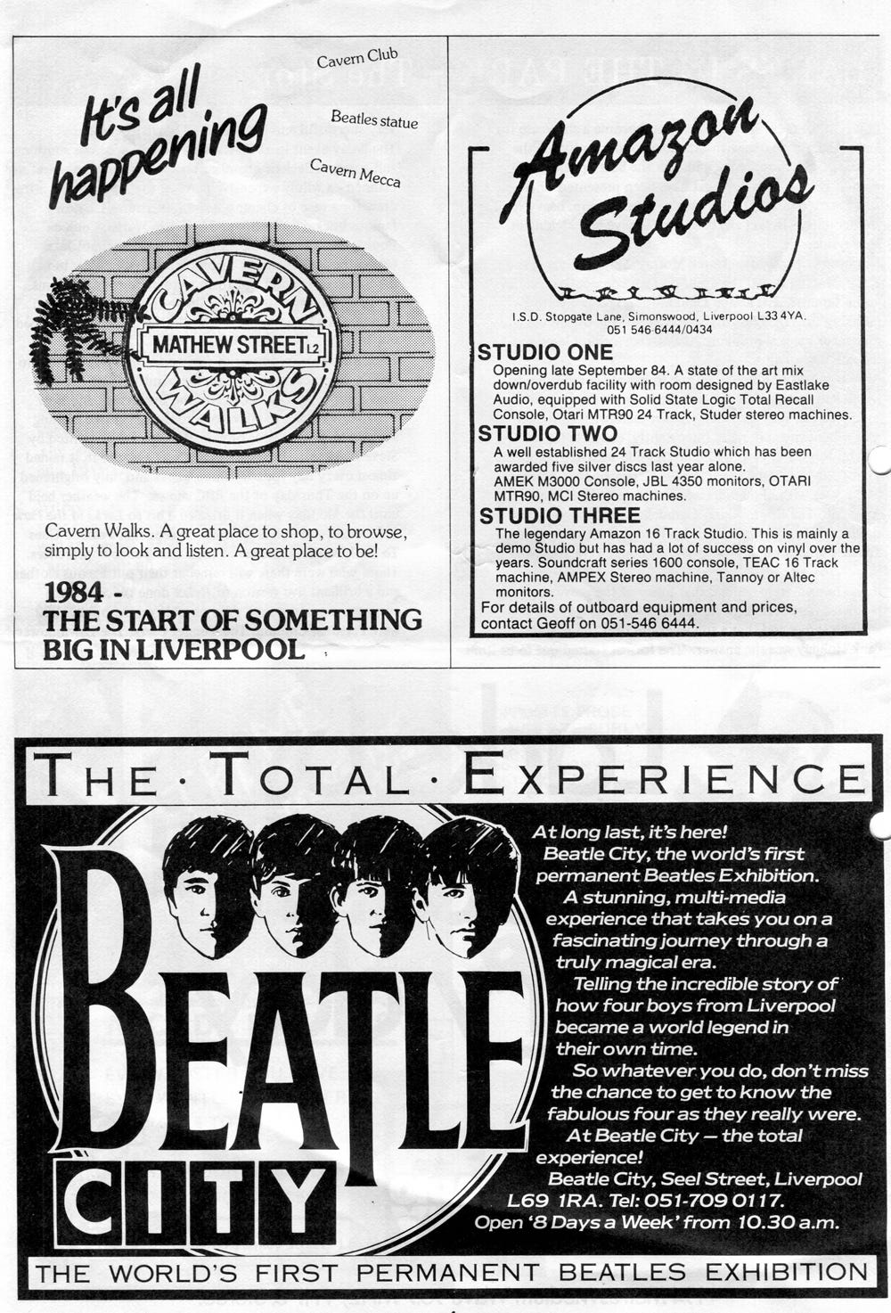 Page 4 of the programme, with adverts for Amazon Studios, Cavern Walks and  the Beatle City exhibition.