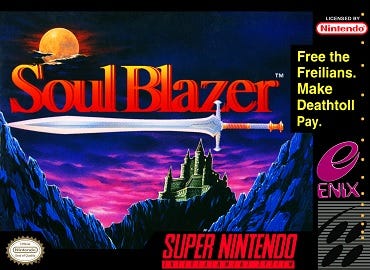 The SNES box art for Soul Blazer, which features a sword underneath the game's title, with a castle atop a mountain in the background. The Enix logo is prominently displayed on the right side of the box, as are the words "Free the Freilians. Make Deathtoll pay."