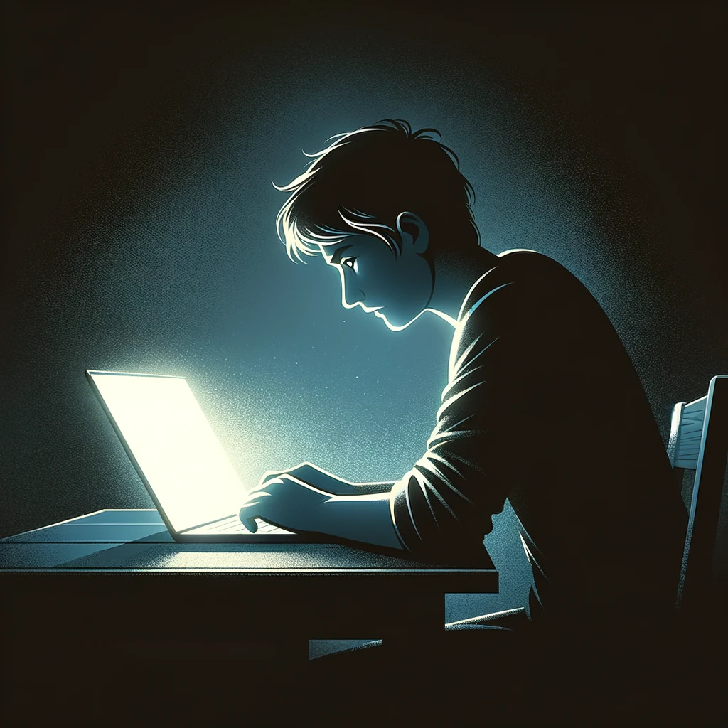 An illustration of a person deeply focused on working on their laptop in a dark room. The only source of light is the glowing screen of the laptop, casting a soft light on the person's face, highlighting their concentration and dedication. They are seated at a simple desk, with their posture suggesting they are engrossed in their work, possibly coding, writing, or designing. The background is shrouded in darkness, emphasizing the late hours and the solitude of the workspace. This scene captures the intensity and solitude often found in the pursuit of passion projects or critical work deadlines.