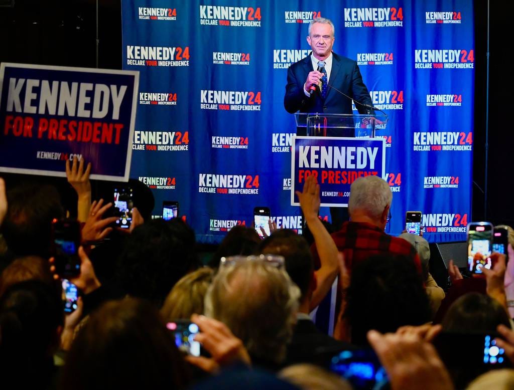 Robert F. Kennedy Jr., who is running for president in 2024 as an independent, speaks with supporters in Annapolis.