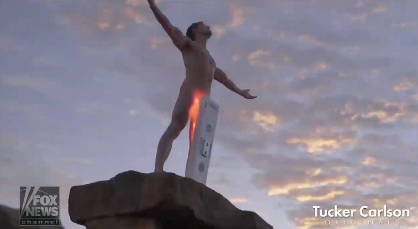 A naked man standing on top of a mountain, with arms wide open Creed style, charging his dick at a power station. I'm sorry but this really defies explanation and I don't remotely understand what is happening here A naked man standing on top of a mountain, with arms wide open Creed style, charging his dick at a power station. I'm sorry but this really defies explanation and I don't remotely understand what is happening here