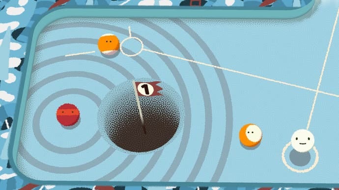 A screenshot from Subpar Pool showing a top-down view of a stage in progress, with several balls surrounding a large hole. A line stretches from a number of balls denoting their possible trajectory if the player hits them.