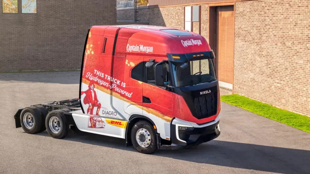 A Nikola hydrogen fuel cell tractor for Diageo North America and DHL Supply Chain in a lot.