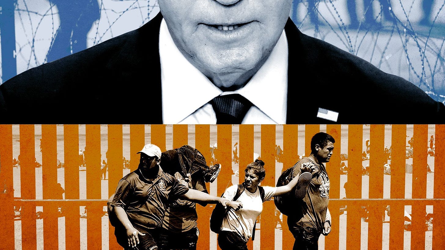 Photo illustration of a collage with President Biden, concertina wire, the southern border wall and a group of migrants. 