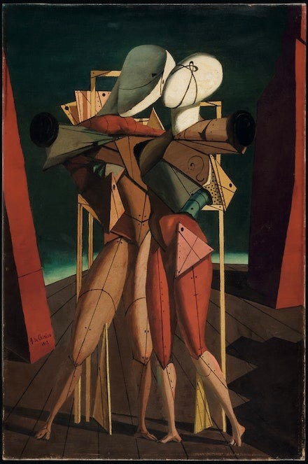An oil painting by Giorgio DeChirico, two figures composed of assorted objects I can't identify. They represent Hector and Andromache from Homer's Iliad, and the scene is their last moment together before he goes to war. 
